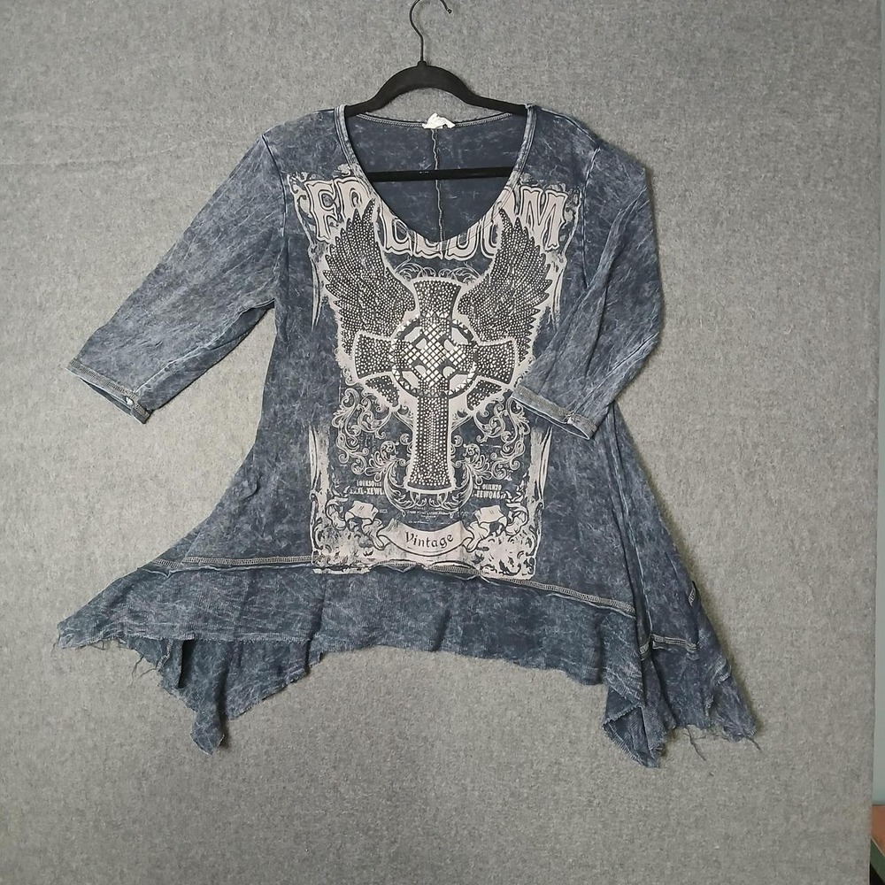 Affliction Style Asymmetrical y2k 3/4 sleeve top grunge cross biker rock edgy